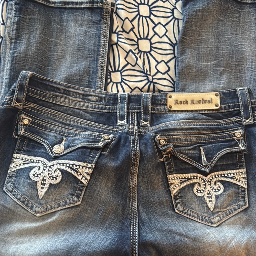 Rock Revival Blue Boot Cut Jeans with Ornate Embroidery